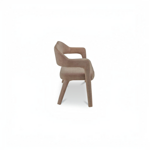 deKor camel polyester barrel back dining bench with an iron frame and curved silhouette, side view