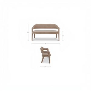 deKor camel polyester barrel back dining bench with iron frame, shown from front and side with dimension labels