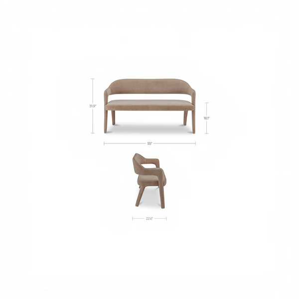 deKor camel polyester barrel back dining bench with iron frame, shown from front and side with dimension labels