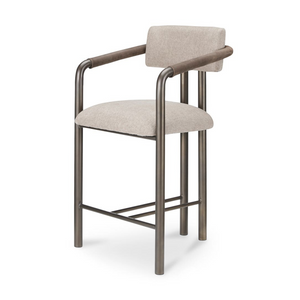deKor Cassidy counter stool featuring a beige upholstered seat and backrest with a brown metal frame and armrests.