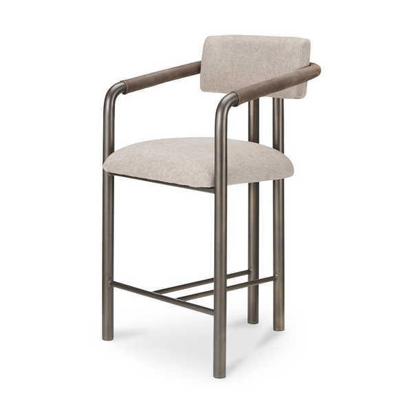 deKor Cassidy counter stool featuring a beige upholstered seat and backrest with a brown metal frame and armrests.