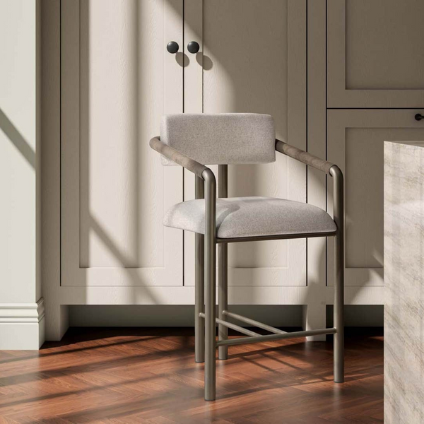 deKor Cassidy counter stool featuring a light grey upholstered seat and backrest with a brown metal frame