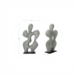 deKor charcoal grey abstract modernist sculpture made of Ecomix on a thin black metal base with dimension labels