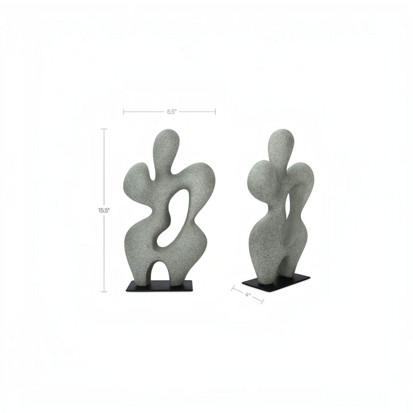 deKor charcoal grey abstract modernist sculpture made of Ecomix on a thin black metal base with dimension labels