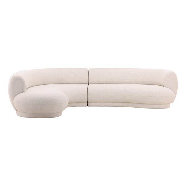 deKor cream linen blend chaise sectional sofa with a curved modular design and low profile silhouette.