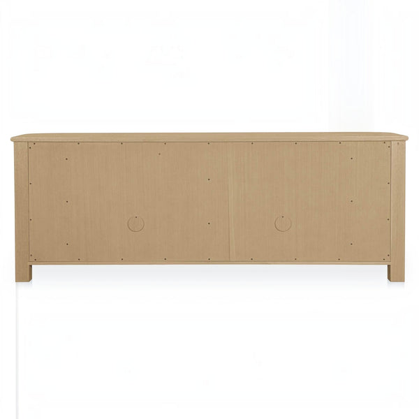 Back view of the deKor Curved-Corner Sideboard in natural oak veneer with two circular cable management cutouts.