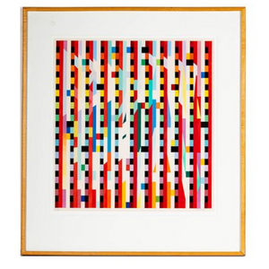 deKor Dahlia by Yaacov Agam, a vibrant kinetic art print featuring vertical multi-colored geometric stripes in a frame