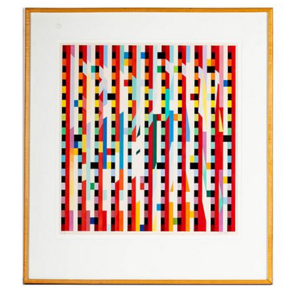 deKor Dahlia by Yaacov Agam, a vibrant kinetic art print featuring vertical multi-colored geometric stripes in a frame