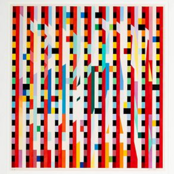 Dahlia by Yaacov Agam kinetic art print featuring vibrant vertical stripes and geometric patterns from deKor