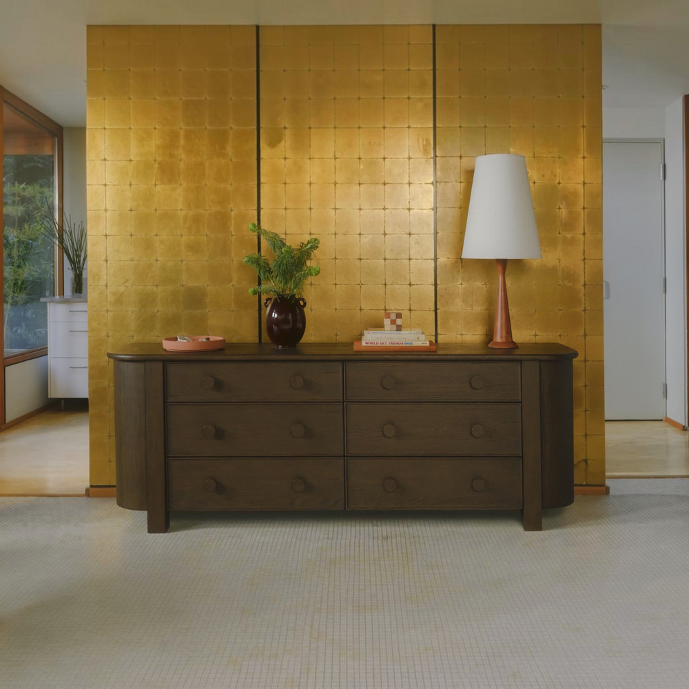 deKor dark brown 6-drawer dresser with curved corners, solid oak handles, and contemporary oak veneer finish.