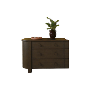 deKor dark brown oak veneer 6-drawer dresser with curved corners and solid oak handles in a contemporary style