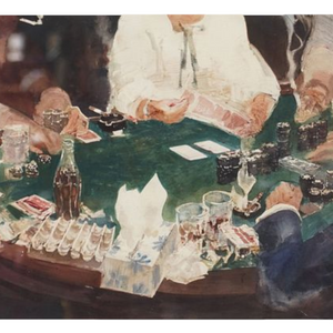 deKor watercolor painting Gamblers by David Soloman featuring a poker table scene with cards and drinks in Las Vegas