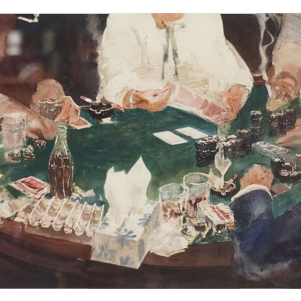 deKor watercolor painting Gamblers by David Soloman featuring a poker table scene with cards and drinks in Las Vegas