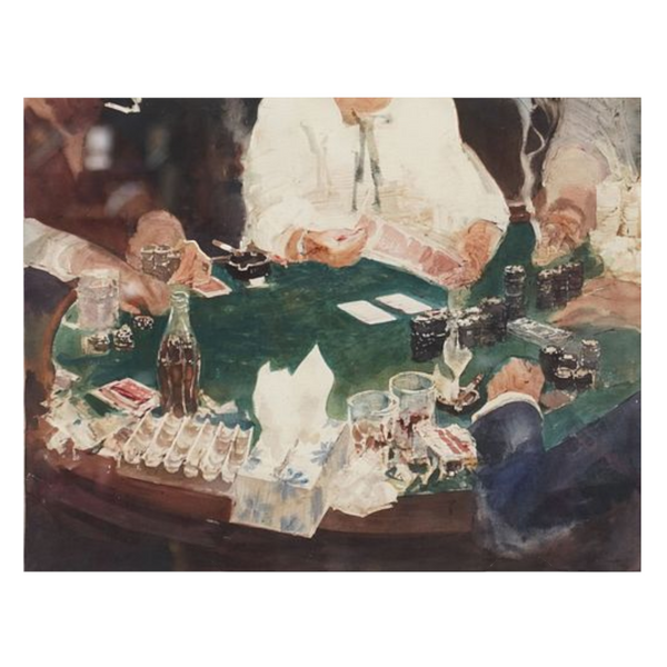 deKor watercolor painting Gamblers by David Soloman depicting a poker game at Binious Horseshoe Casino Las Vegas