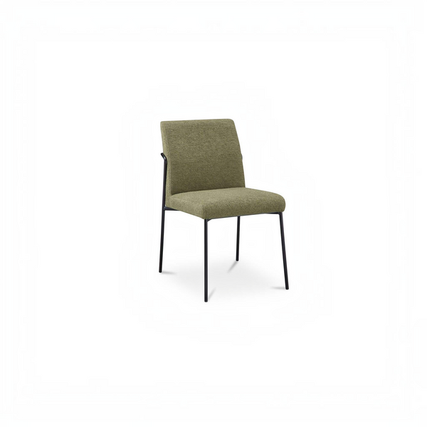 deKor curved iron dining chair with green polyester upholstered seat and back on a minimalist black metal frame