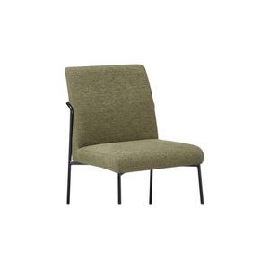 deKor green upholstered dining chair with a curved iron frame and minimalist metal base on a white background