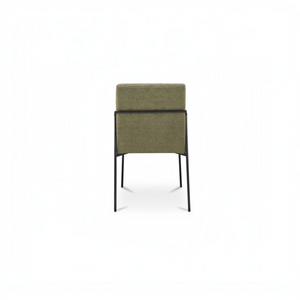deKor curved iron dining chair in green polyester with a minimalist black metal frame, back view