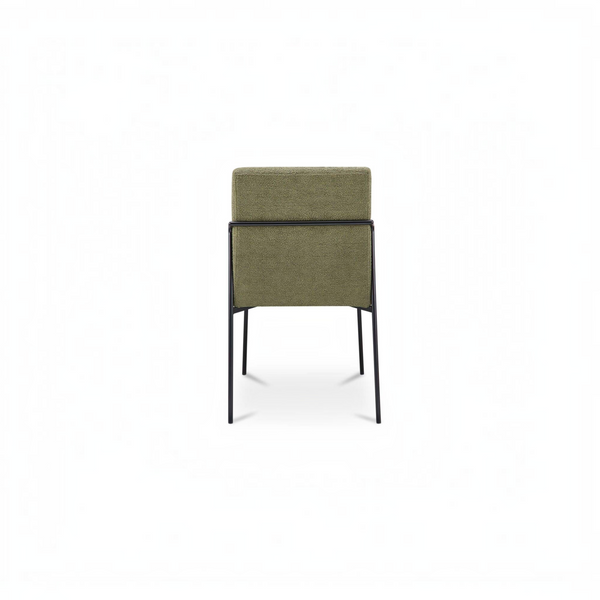 deKor curved iron dining chair in green polyester with a minimalist black metal frame, back view