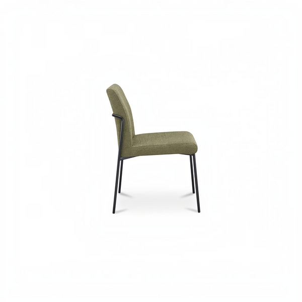 deKor set of two green upholstered dining chairs with curved iron frames and padded seats in a side profile view.