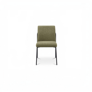 deKor green upholstered dining chair with a curved iron frame and cushioned seat, front view.