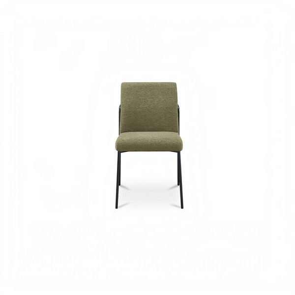 deKor green upholstered dining chair with a curved iron frame and cushioned seat, front view.