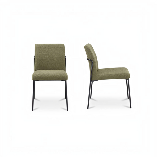 deKor set of two green upholstered dining chairs with curved iron frames and minimalist metal legs