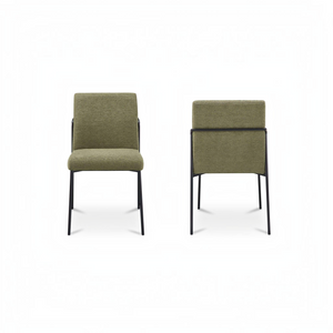deKor set of two green upholstered dining chairs with curved black iron frames and padded seats