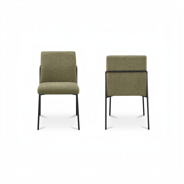 deKor set of two green upholstered dining chairs with curved black iron frames and padded seats