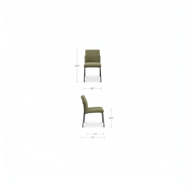 deKor set of two green upholstered dining chairs with curved iron frames and dimensions shown in front and side views