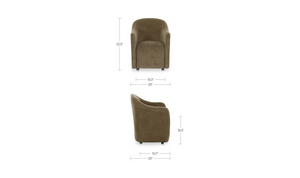 deKor green barrel dining chair with rolling casters, shown from front and side views with dimension labels.