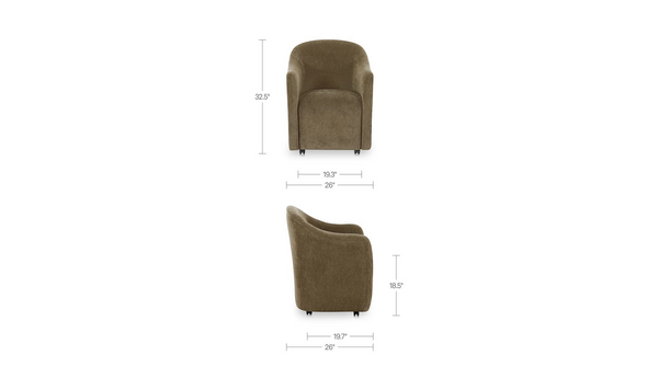deKor green barrel dining chair with rolling casters, shown from front and side views with dimension labels.