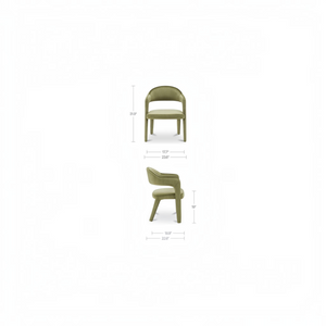deKor barrel back dining chair in green velvet with armrests and dimensions shown from front and side angles.