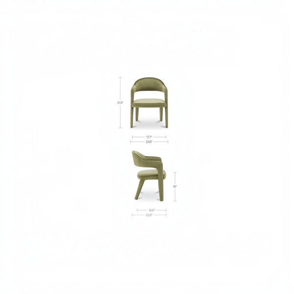 deKor barrel back dining chair in green velvet with armrests and dimensions shown from front and side angles.
