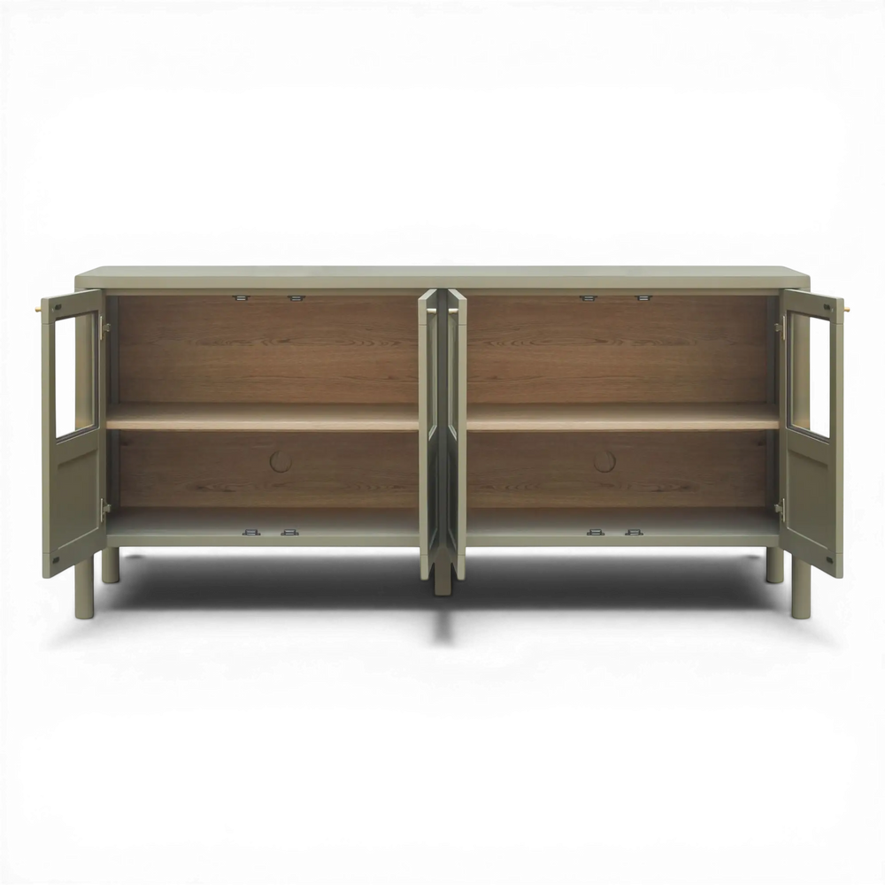 deKor Hannah sideboard in green featuring a solid pine frame, glass-panelled doors, and bronze hardware.