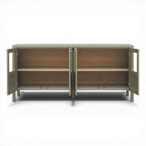 deKor Hannah green sideboard with glass doors, solid pine frame, oak veneer interior, and bronze hardware.