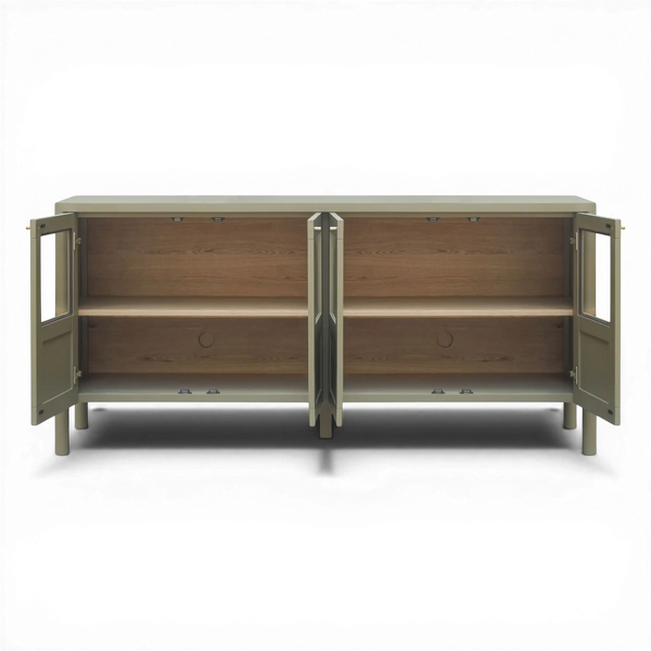 deKor Hannah green sideboard with glass doors, solid pine frame, oak veneer interior, and bronze hardware.