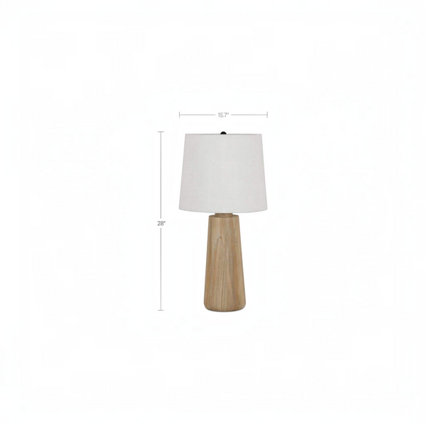 deKor mango wood table lamp with a natural finish base and a white fabric drum shade on a white background