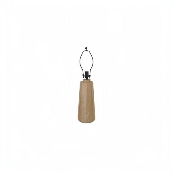 deKor mango wood table lamp base with a natural finish and black metal hardware on a white background