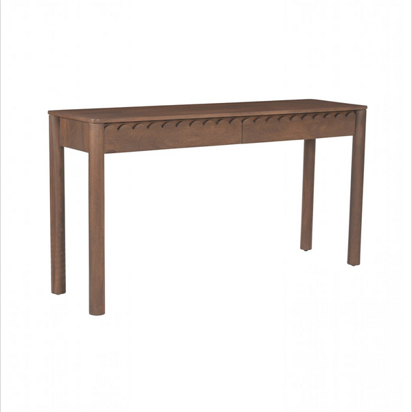 deKor Modern Shaker console table in dark wood with two drawers featuring elegant scalloped edge detailing.