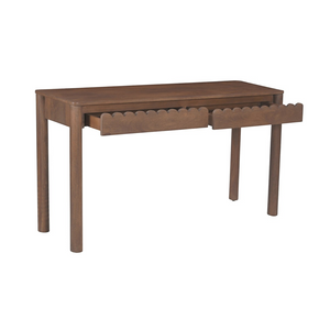 deKor Modern Shaker console table in dark wood with two drawers featuring elegant scalloped edge detailing.