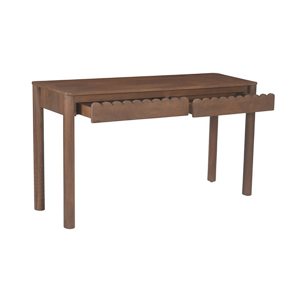 deKor Modern Shaker console table in dark wood with two drawers featuring elegant scalloped edge detailing.