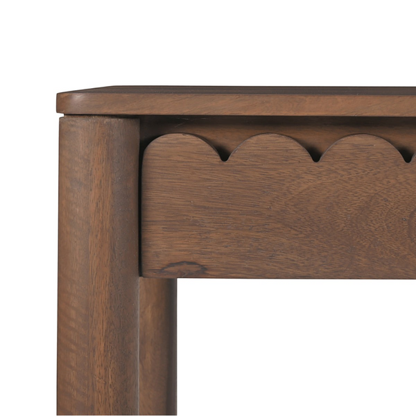 deKor Modern Shaker console table featuring a dark wood finish and a detailed scalloped edge drawer front.