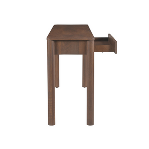 deKor Modern Shaker console table in dark wood with a side view of an open drawer featuring scalloped edge details.