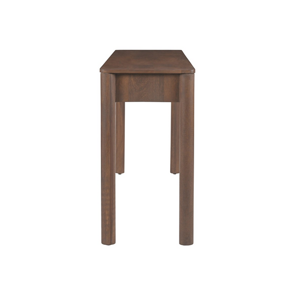 deKor Modern Shaker console table in dark wood with a minimalist design and sturdy post legs, side profile view.