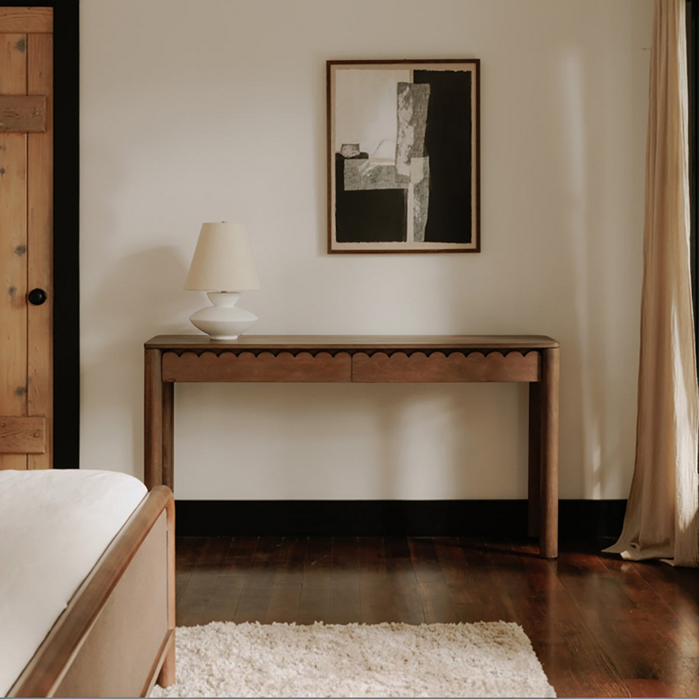 deKor Modern Shaker console table in brown wood with two drawers featuring elegant scalloped edge detailing.