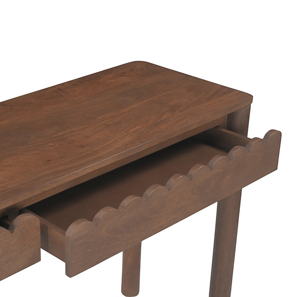 deKor Modern Shaker console table in dark wood with a scalloped edge drawer detail and post legs.