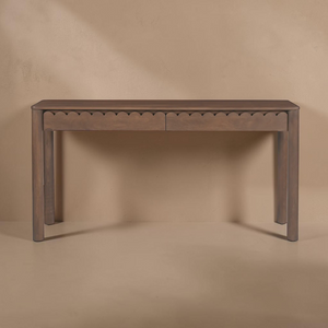 deKor Modern Shaker console table in brown wood with two drawers featuring elegant scalloped edge detailing.