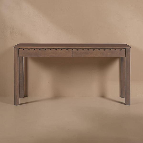 deKor Modern Shaker console table in brown wood with two drawers featuring elegant scalloped edge detailing.
