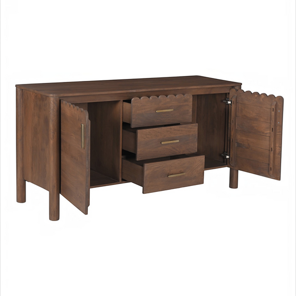 deKor Modern Shaker Sideboard in dark wood with scalloped edges, three central drawers, and brass handles.