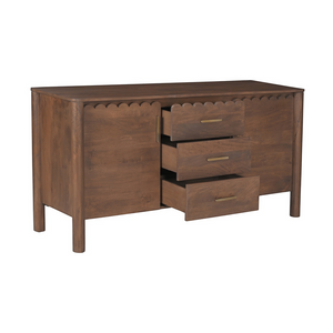 deKor Modern Shaker Sideboard in dark wood with scalloped edge detail, three open drawers, and brass handles.